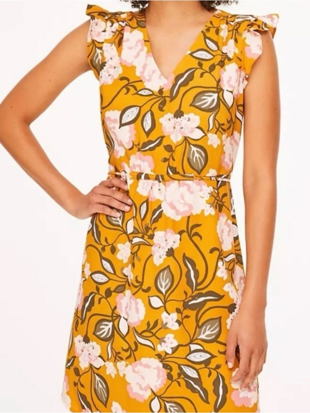 LOFT Mustard Floral V-Neck Tie-Waist Dress